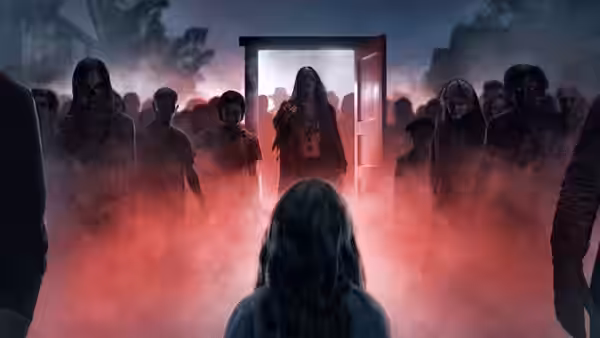 Woman faces a crowd of ghostly figures gathered around an open doorway in red smoke