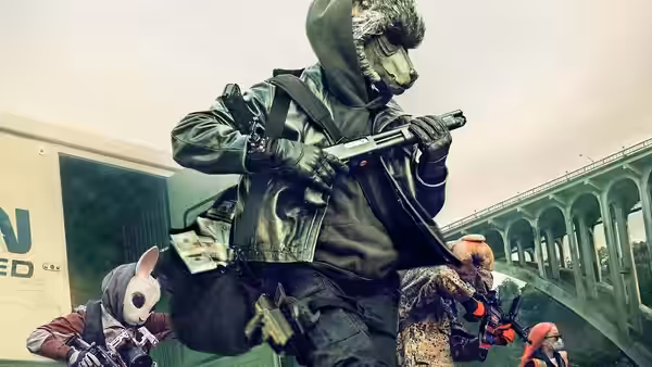 Figure in bear mask leaps with shotgun while others aim firearms