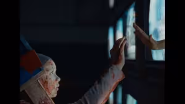 bloodied astronaut reaching toward a hand through a window