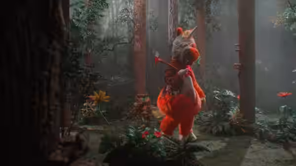 Buddy the Unicorn holding an axe in a misty forest