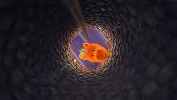 Buddy the Unicorn falling through a dark circular stone tunnel