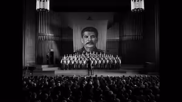 A choir performs on stage before a giant portrait of Stalin