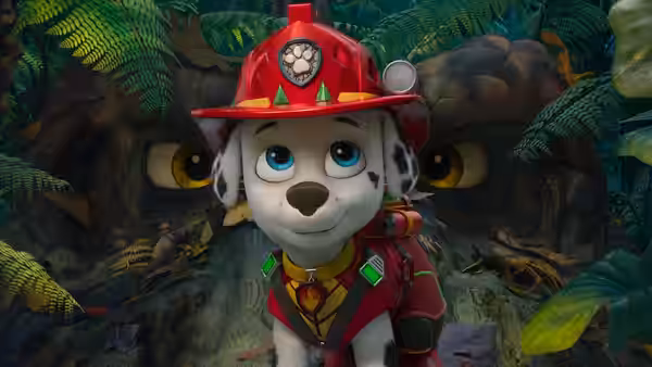A dalmatian fire dog stands in a jungle before large yellow eyes