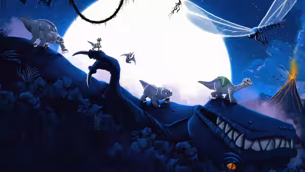 Young dinosaurs gather on a rocky dinosaur skeleton beneath a bright moon