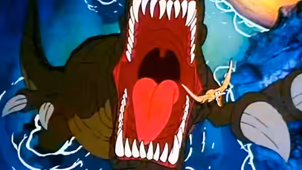 Sharptooth lunges with jaws open as a small dinosaur leaps beside him