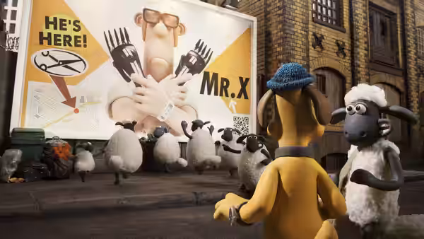 Shaun and Bitzer look up at a wanted poster of the Farmer in the city