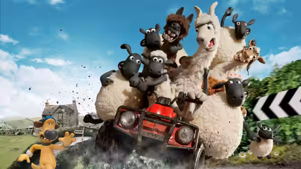 A group of sheep pile into a red vehicle as Bitzer runs beside them