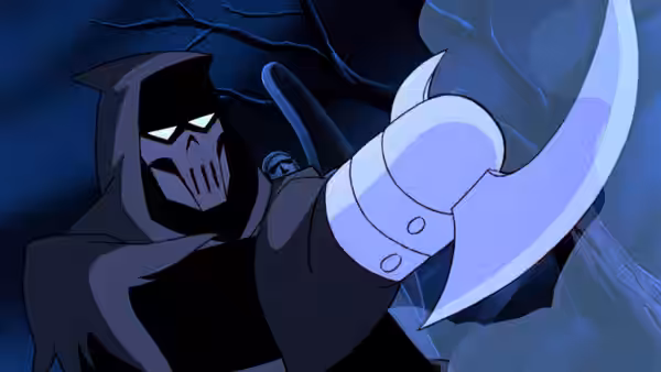 Phantasm raises a large curved blade with skull mask visible