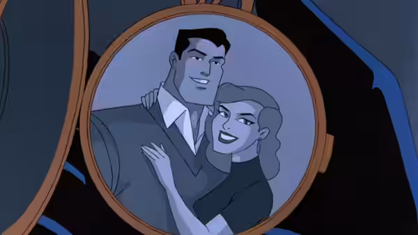 A smiling man and woman embrace inside a circular frame