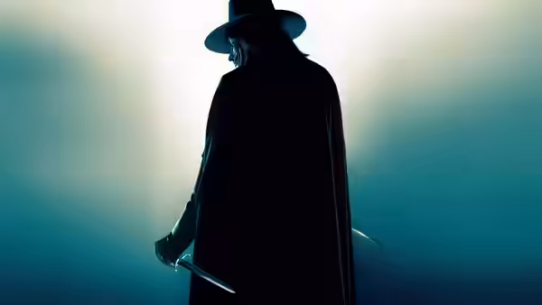V viewed from behind holds two daggers against glowing blue backdrop