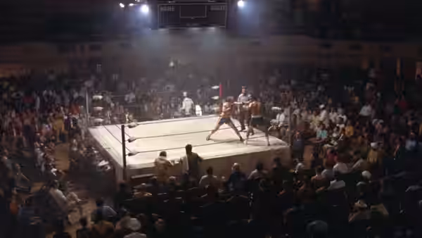 A boxer faces his opponent in a ring as spectators watch from the surrounding seats