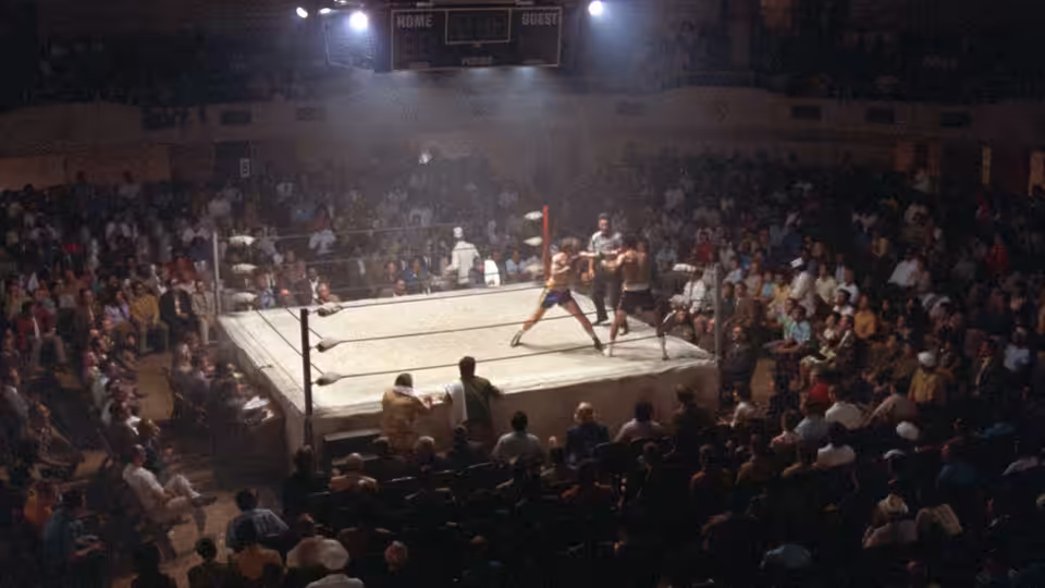 A boxer faces his opponent in a ring as spectators watch from the surrounding seats