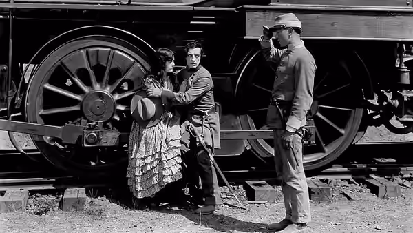 Annabelle Lee (Marion Mack) and Johnnie Gray (Buster Keaton) by the train
