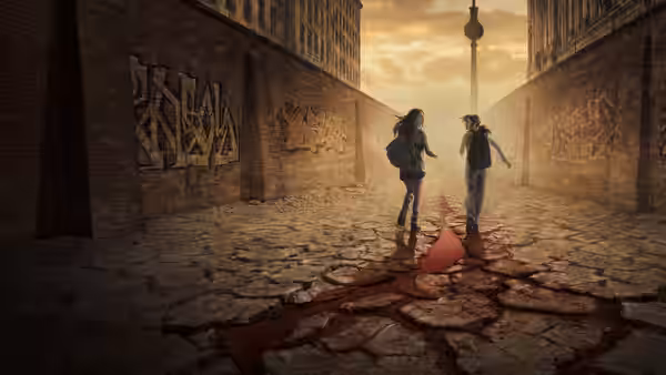 Two women face each other in a graffiti-lined alley above a red streak across cracked pavement