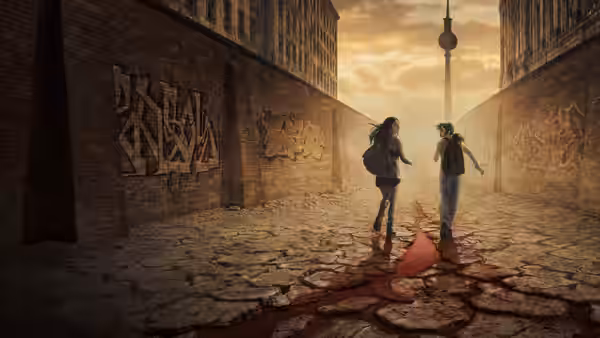 Two women confront each other over a red streak running through cracked pavement in an alley