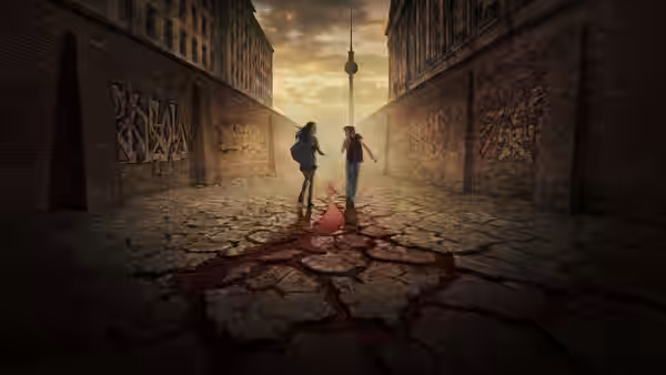 Two distant figures stand in a brick alley as a red streak crosses cracked pavement