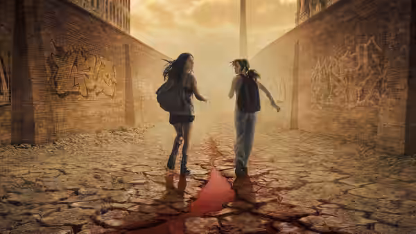 two young women walking down a graffiti-covered alley with red liquid on the ground