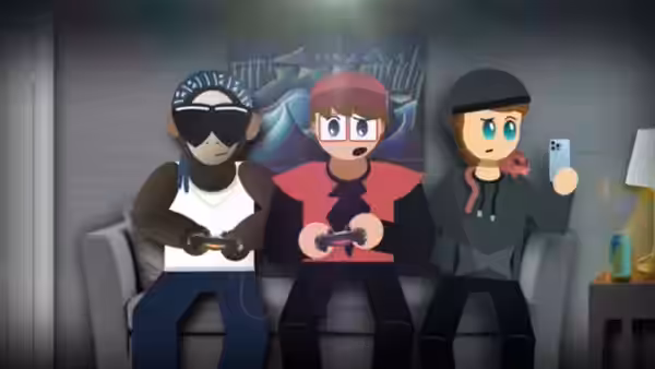 Three cartoon-styled people sit on a couch, holding game controllers and a phone