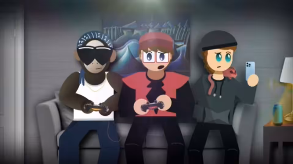 Three cartoon-styled people sit on a couch, holding game controllers and a phone