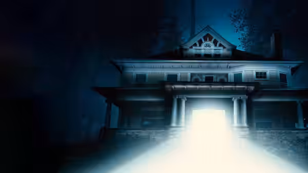 A large house stands in darkness, its open front doorway glowing with bright light