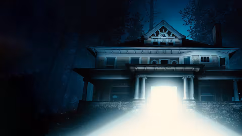 A large house stands in darkness, its open front doorway glowing with bright light