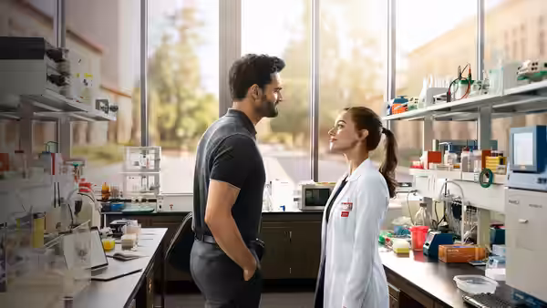 A woman in a lab coat faces a man among laboratory benches and equipment