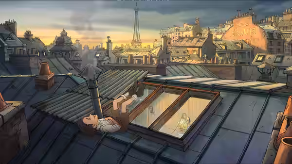 boy lying on paris rooftop peering through skylight at girl inside