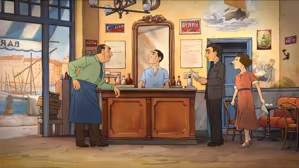 bartender serving a drink to a man while woman watches nearby