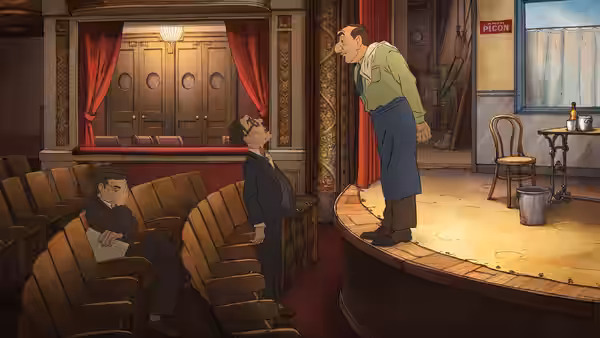 man on theater stage speaking to boy seated in audience