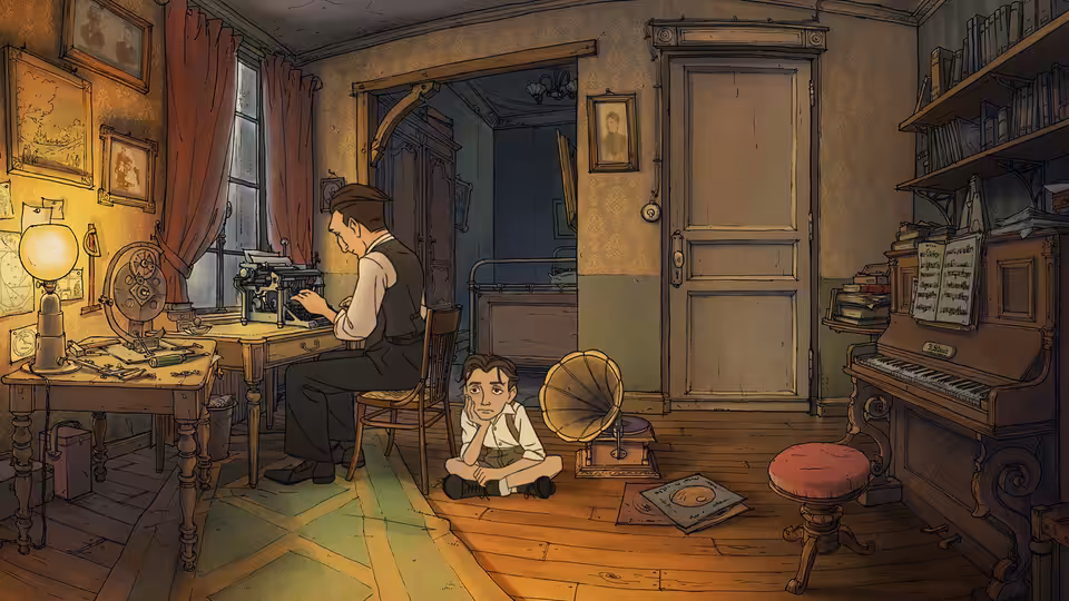 man typing at a desk while boy sits on floor with gramophone