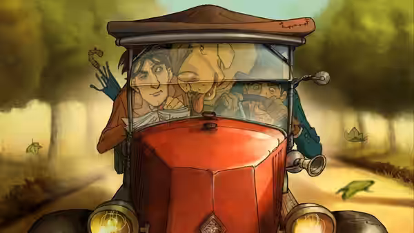 men riding in a red car along a tree lined road