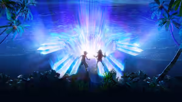Two figures stand among tropical foliage before a radiant blue portal