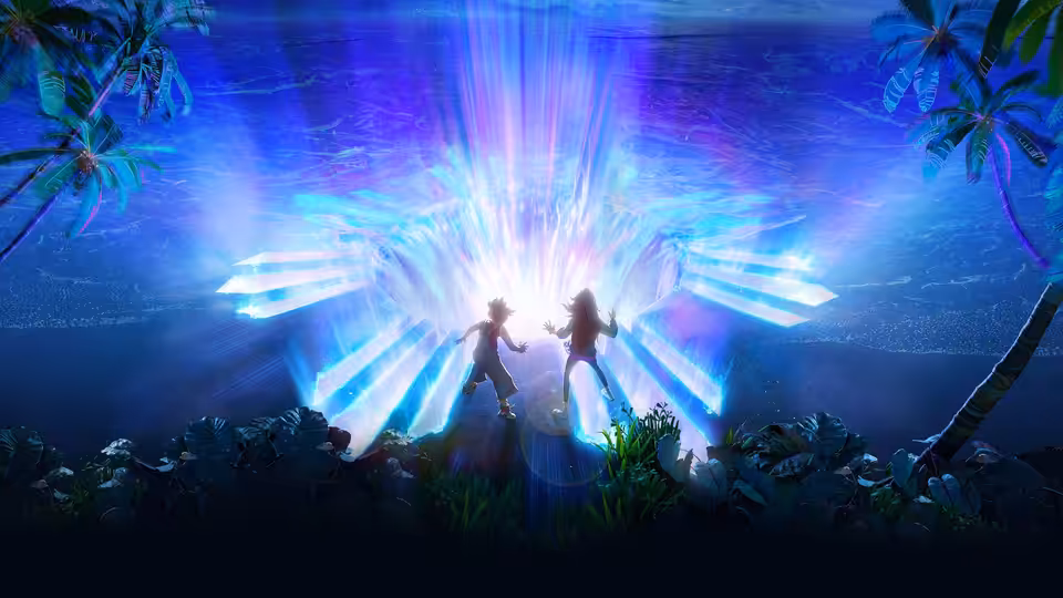 Two figures stand among tropical foliage before a radiant blue portal