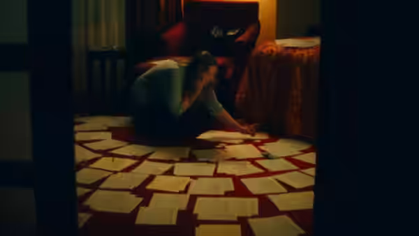 Man kneels on red rug amid scattered papers holding his head