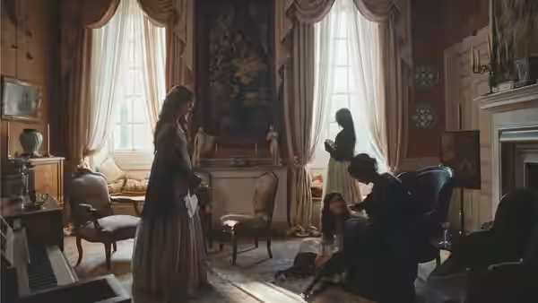 A woman stands holding a letter while others attend a girl in a drawing room