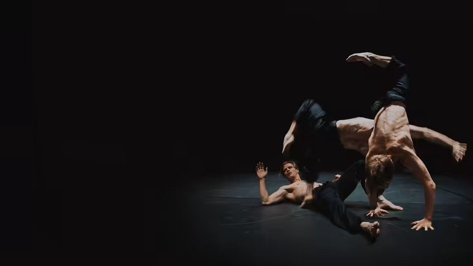 Four male dancers tangle in an acrobatic pose on a dark stage