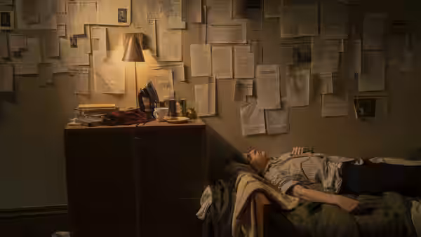 A young man lies awake on a bed beneath a wall covered with papers