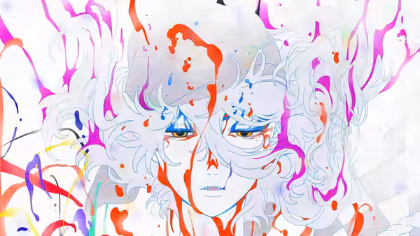 A pale, white-haired figure stares forward amid swirling red and purple markings