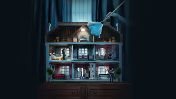 A hand dusts the interior of a large illuminated dollhouse on a cabinet