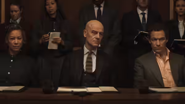 A bald man in a striped tie sits at a long table with others