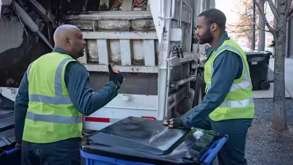 Two sanitation workers in reflective vests talk beside a garbage truck and wheeled bin