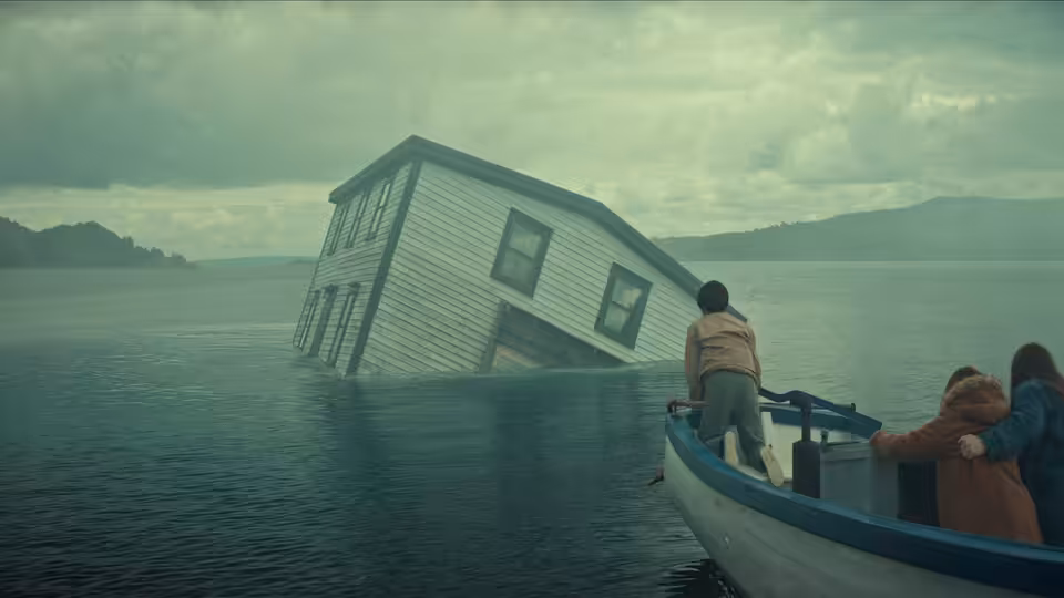 People in a small boat approach a tilted house partly submerged in a lake