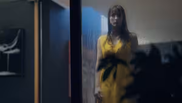 A woman in a yellow dress stands behind a glass doorway