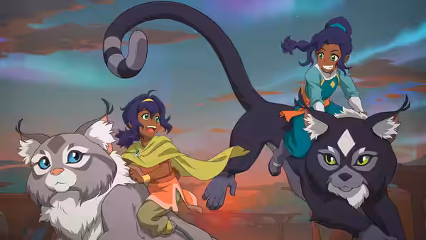 Two young women ride large furry creatures across a rocky landscape
