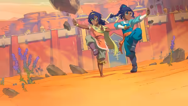 Two youths leap across orange sand before a red-walled settlement