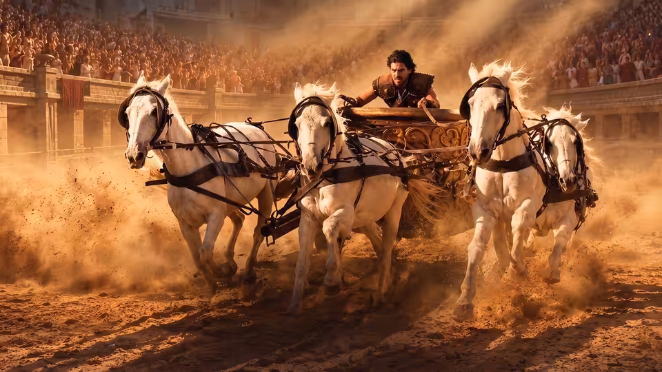 A charioteer drives a team of white horses around a crowded arena