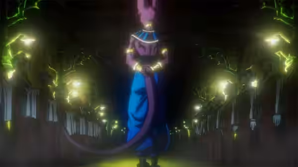 Beerus standing in a glowing forest path lined with robed figures