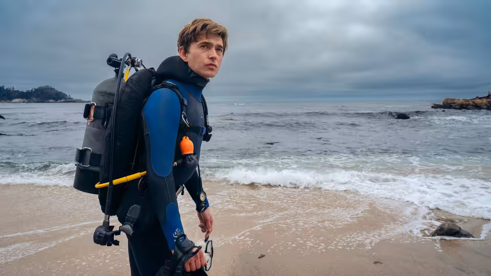 Jay Gardiner (Austin Abrams) in scuba gear standing on the beach