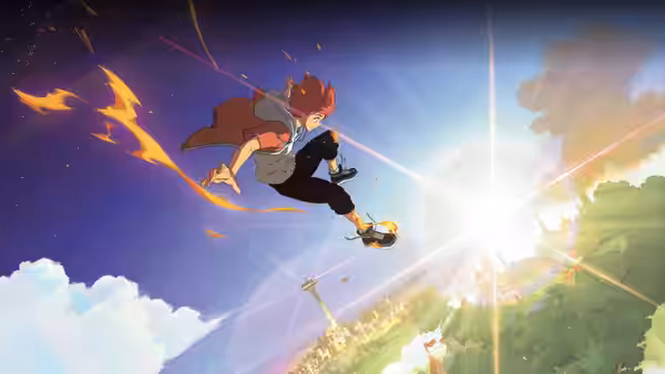 A red-haired figure soars above a sunlit landscape, trailing streaks of flame