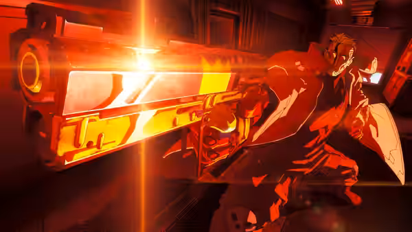 A man fires a large glowing weapon in a red-lit corridor
